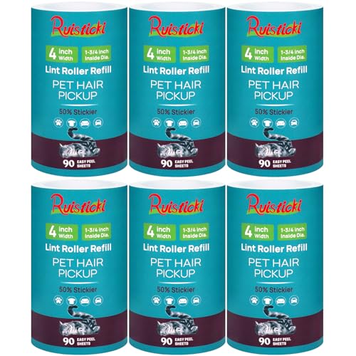 4 inch Lint Roller Refills Only for Scotch-Brite Pet Hair Pickup Extra Sticky Lint Roller 90 Sheets per Refill 6 Pack 540 Easy-Tear Adhesive Sheets Total (Inside Dia. 1 3/4 inch)