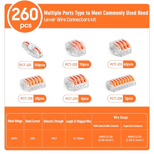 Image of 260PCS lever wire Connectors Kit with 2 /3 /4 /5 /8 Conductors