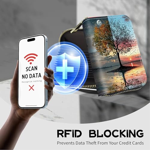 Image of Cute Credit Card Holder with Zipper, Day and Night Art Tree RFID-Blocking Card Case Small Wallet for Women Men, Multi-slot Card Organizer Case Travel Accordion Wallet