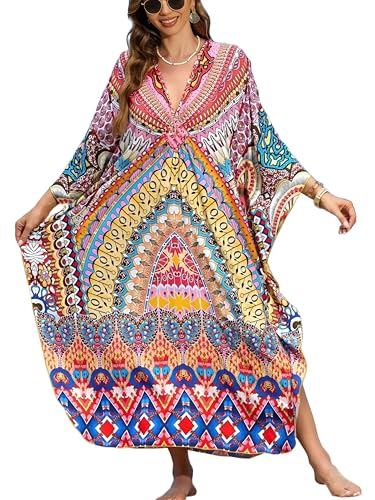 Image of IMAGEKOPE Women's Plus Size Animal Print V-Neck Batwing Kaftan Beach Dress Bathing Suit Cover-Up Loungewear