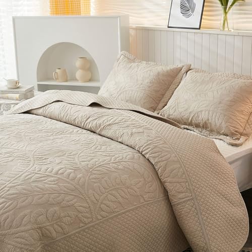 MarCielo 3-Piece 100% Cotton Oversized Bedspread Lightweight Quilt Coverlet Embroidery Farmhouse Bedding Set T0 (Yellowish Beige, Oversized Queen (100"x106"))