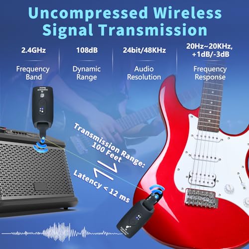 24ghz wireless guitar system rechargeable audio wireless transmitter receiver for guitar bass electric instrumentsover 30m100 feet transmission270rotatable4hours woring timea9 black