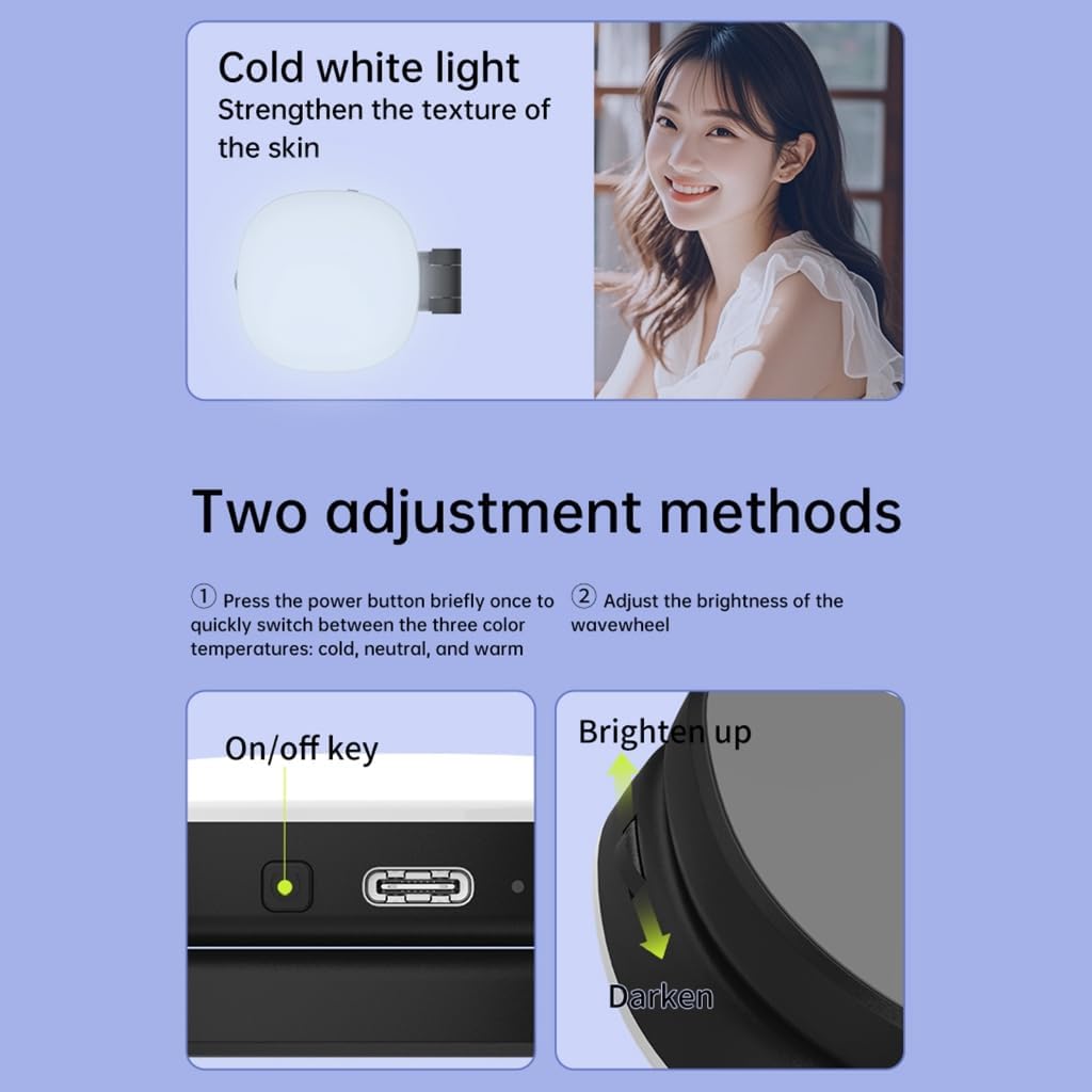 Magnetic Selfie Light with Mirror for iPhone, CRI95+ 700lux LED Phone Light with 3 Modes, Foldable Camera Light for iPhone 16/15/14/13/12, USB-C Charging, 1-Hour Runtime, Memory Function, Makeup/Video