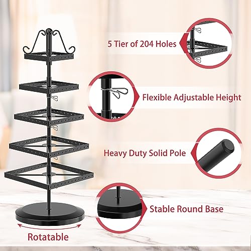 Image of MODOWEY 5 Tiers Metal Rotating Earring Holder Organizer Tree Spinning Display Stand Rack for Women, 220 Holes Adjustable Large Storage for Stud Dangle Hoop, Find Your Earrings at a Glance, Black