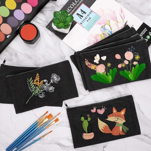 Tczecoo Lot de 12 sacs en tissu vierge à peindre - Noir - Trousse à crayons en tissu - Avec fermeture éclair - 21 x 12 cm, Lot de 12, / – vue 5