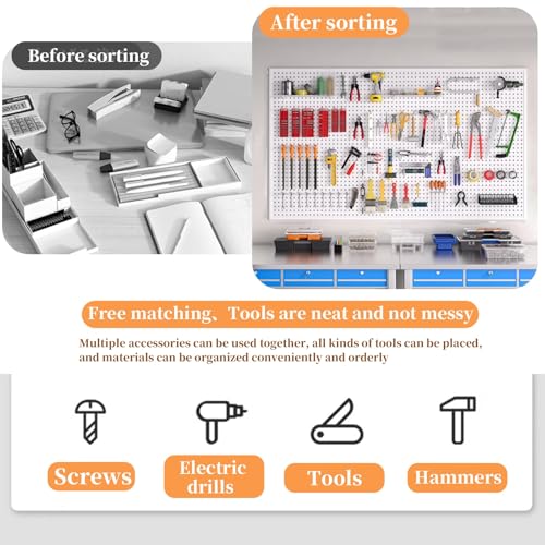 Organizador de herramientas de tablero perforado, soporte de pared con 10 ganchos, almacenamiento de pared de metal para martillos, destornilladores, llaves, diseño de carga