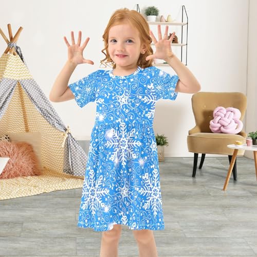 Toddler Girls Short Sleeve Dress White Snowflakes Blue Summer Kids Sundress Playwear Casual Outfits 2T-8T4