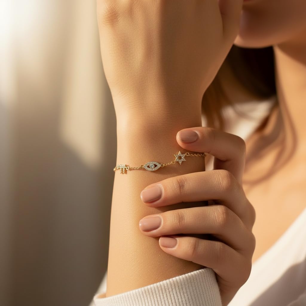 14K Gold Plated Chai Evil Eye Star Of David Bracelet Women – Jewish Symbol Pendant from Israel – Elegant Hebrew With Cubic Zirconia Dainty Religious Jewish Jewelry Gift Bat Mitzva - Image 3