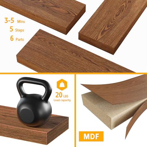 BAMEOS Floating Shelves, 16x6 American Oak Wall Mounted Wooden Shelves with Invisible Brackets Set of 3, Hanging Wall Shelves Decoration for Bedroom, Bathroom, Living Room and Kitchen - Thumbnail 6