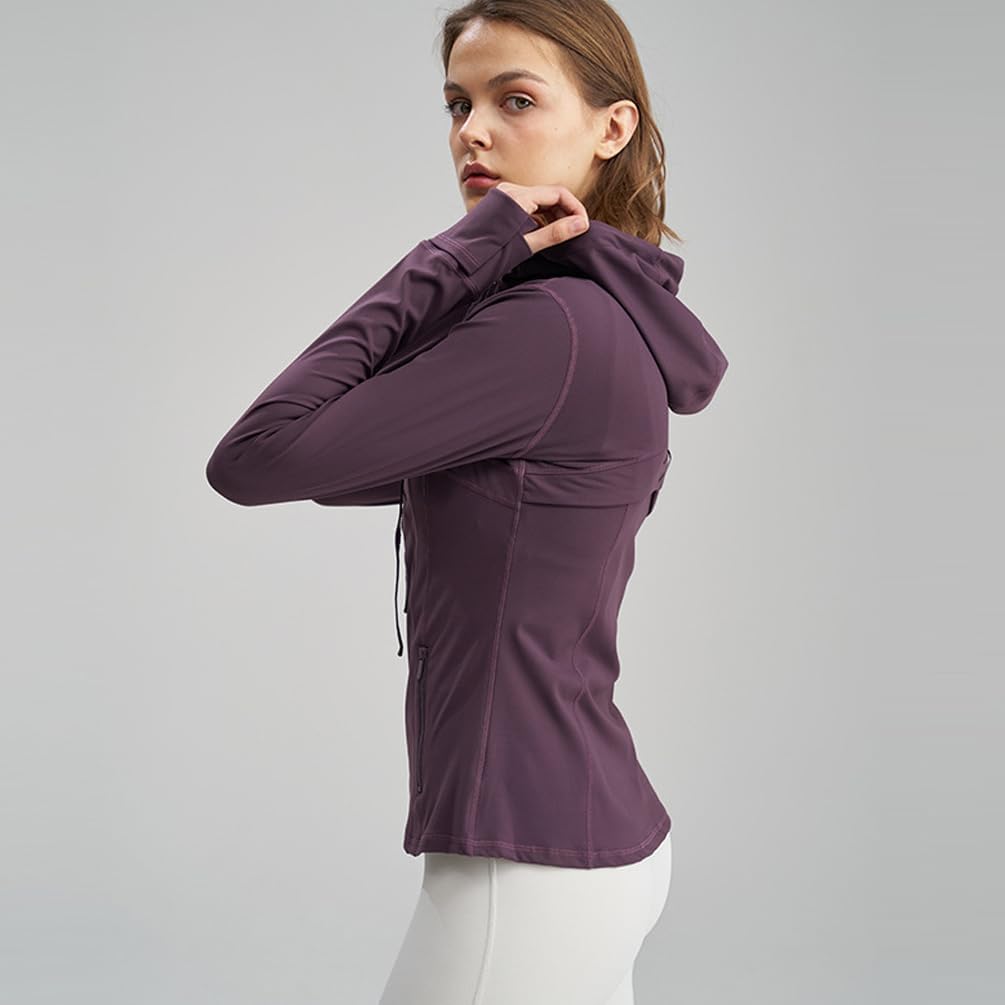 Womens Yoga Clothes Hooded Workout Sports Jacket Slim Fit Long Sleeved Thumb Holes Outdoor Casual Top
