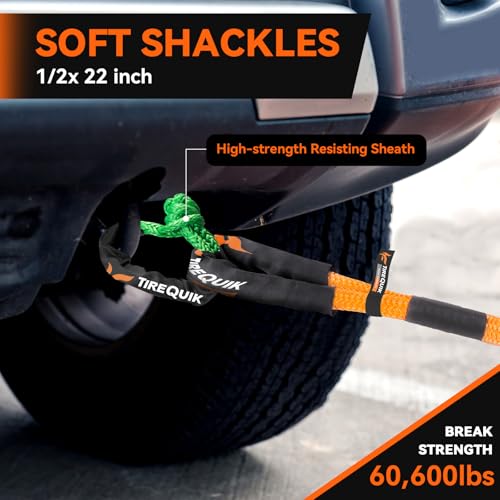 Image of Kinetic Recovery Rope 1-1 /8 inchx 30ft 51500lbs Heavy Duty Offroad Snatch Strap with 2 Soft Shackles, Kinetic Tow Rope Recovery Kit, 35% Elasticity Tow Ropes for Trucks SUV UTV ATV Jeep Tractor