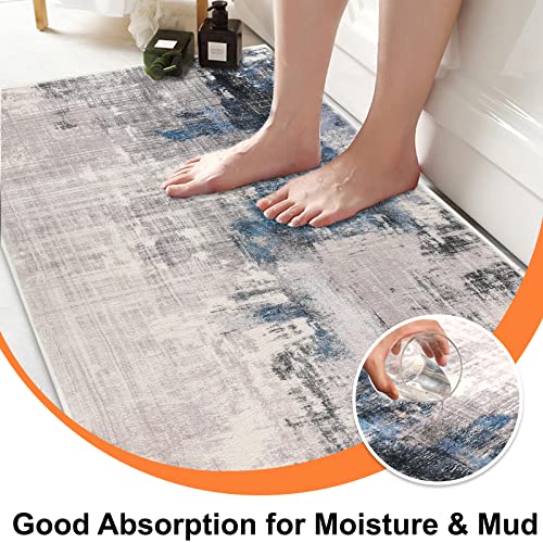 Door Mat, Front Indoor Door Mat Faux Wool Non-Slip Entryway Rug Absorbent Abstract Throw Rug For Indoor Entrance Hallway Laundry Room, High Traffic Areas, 24 X 36 Inches, Splash-Ink Sky Blue/Gray #TOP3
