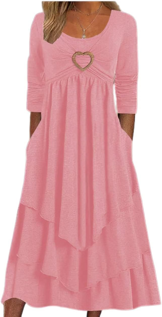 LOAIHA Women 2025 Fashion Crewneck Dresses Long Sleeve Swing Ruffle Irregular Hem A Line Flowy Pleated Maxi Dress