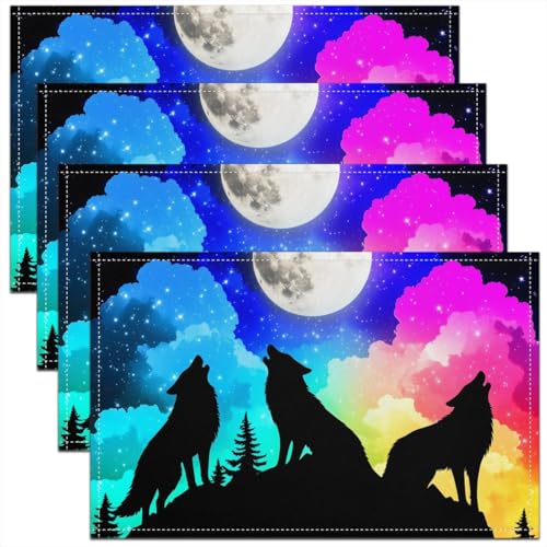 Erosebridal Wolves Place Mat 12x18 Safari Wildlife Placemats Set of 4 for Kids Boys Girls Moon Night Mysterious Nature Black Blue Heat Resisting Table Mats