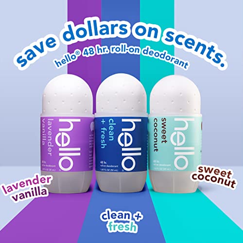 Hello Clean & Fresh Roll On Deodorant, Aluminum Free Deodorant For Women + Men, 48 Hour Non Sticky Formula, Dries Quick And Leaves No White Residue, Travel Deodorant, 2 Pack, 1.69 Oz Tubes #TOP6