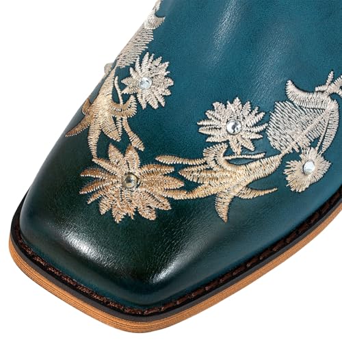 SheSole Women's Floral Rhinestones Square Toe Cowboy Boots Western Country Wedding Cowgirl Boots Wide Calf3