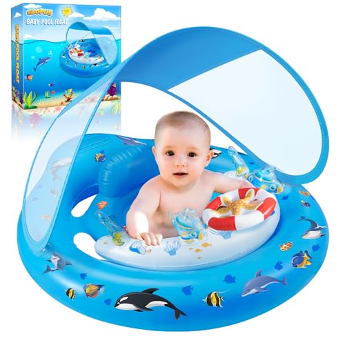 Image of Baby Pool Float with Canopy UPF50+ Sun Protection, Inflatable Kids Pool Floats with Toy Play Console for Baby 6-36 Months, Infant Swimming Float with Adjustable Safety Seat for Boys Girls