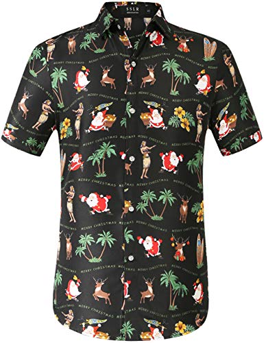 SSLR Men's Xmas Holiday Button Down Ugly Hawaiian Christmas Shirts (3XL-Large, Black(168-306))