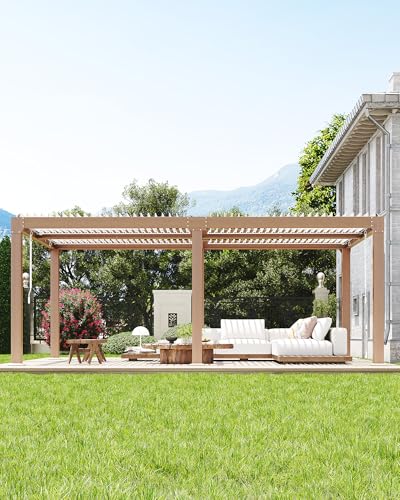 Image of GarveeLife Louvered Pergola 10 ft x 20 ft, Outdoor Pergola with Adjustable Louvered Roof, Reinforced Aluminum Frame, Integrated Drainage System, Hardtop Gazebo for Patio, Deck, Wood Grain