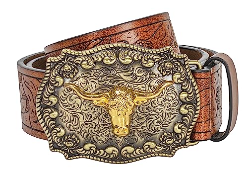 KorhLeoh Men's-Western-Leather-Buckle-Belts-Cowboy-Longhorn-Bull-Head-Buckle-Belt-Floral-Engraved-Buckle-Belt-for-Women