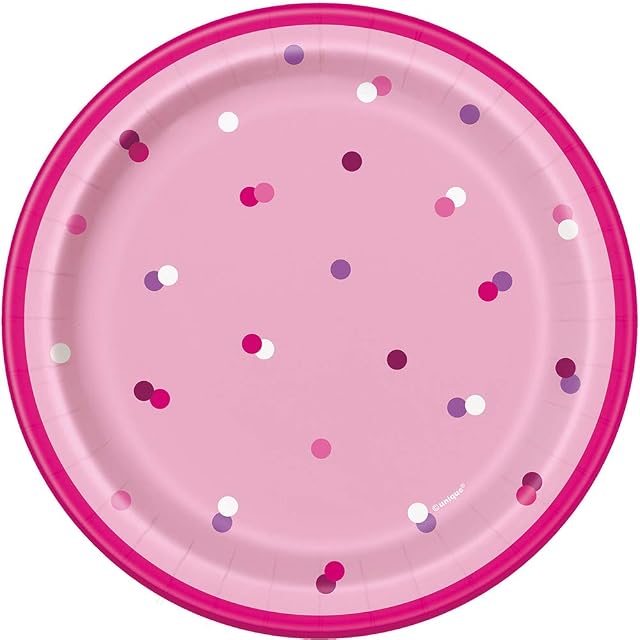 Unique 83604 Pink Happy Birthday Round Paper Plates-7" Silver | 8 Pcs