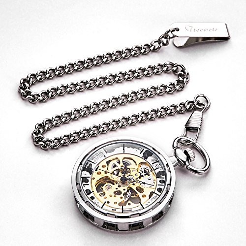 TREEWETO Taschenuhr mit Kette Herren Analog Handaufzug Offenes Gesicht Skelett Bewegung – Bild 3