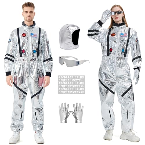 Enhenenhen Fato de astronauta para homem e mulher, cor prateada, macacão espacial, fato para adultos, Halloween, carnaval, astronauta