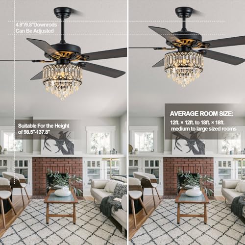 Image of 52'' Black Crystal Chandelier Ceiling Fan with Light