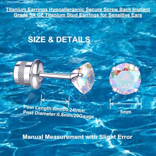Titanium Earrings, Hypoallergenic Screw Back G23 Implant Grade 20G Titanium Simulated Diamond Earrings for Sensitive Ears 5mm 5A Cubic Zirconia Stud Earrings for Women Men2