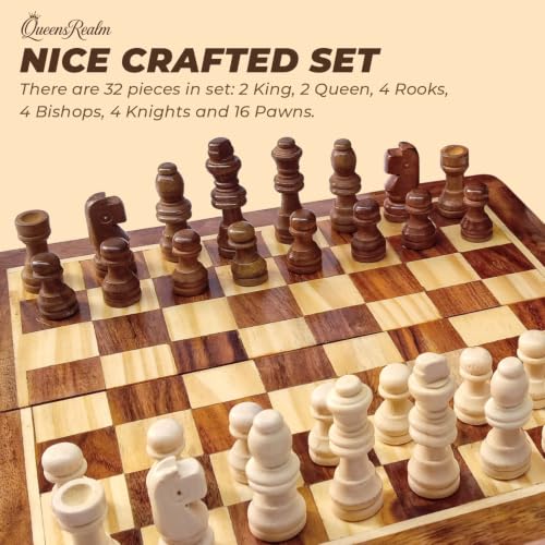 Image of QueensRealm 18 Inch Wooden Handmade Magnetic Chess Board Set with Magnetic Pieces | Premium Foldable Chessboard for Kids and Adults Ideal for Indoor Outdoor Chess Set (18 x 18 Inches Wooden)