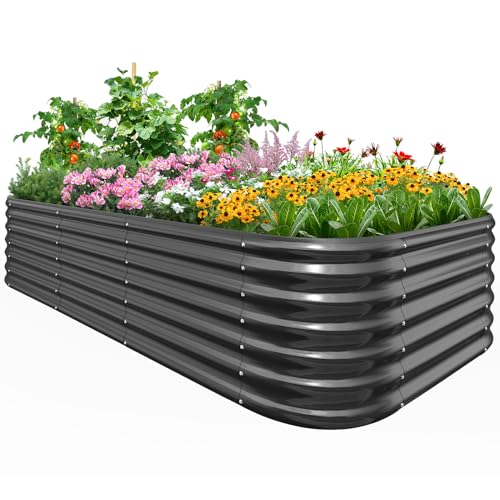 Quictent Galvanized Raised Garden Bed Kit, 8x4x2 ft Oval Metal Planter Box Tall for Vegetables Outdoor Backyard, Rubber Strip Edging Included (Dark Gray)