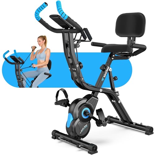 Birdfeel Foldable Exercise Bike, Multifunctional Indoor Stationary Bikes for Home with 8-Level Magnetic Resistance, Quiet Workout Bike with Arm Resistance Bands, LCD Monitor, 300LBS Capacity (Blue)