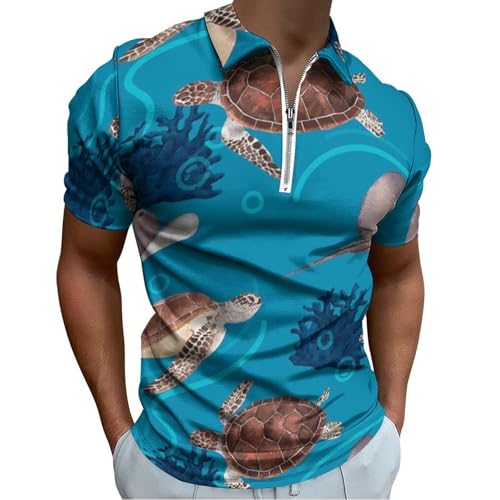 Mens Zipper Polo Shirts Short Sleeve Casual Golf Shirt Fashion, Watercolor Starfish Turtle Sea