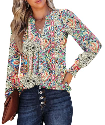 Rapbin Oberteil Damen V-Ausschnitt T-Shirts ElegantLocker Bügelfrei Weich Longshirt Fallend(Ethnischer Druck,M)