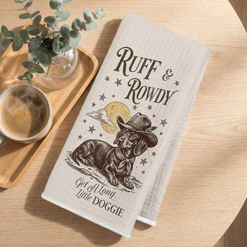 Image of 3 Pcs Western Dachshund Kitchen Towels 24x14 Inch, Preppy Cowboy Dachshund Gifts Reusable Dish Towels for Kitchen Decor, Waffle Weave Absorbent Hand Cloth Tea Towel, Weiner Dog Gifts for Women Friend