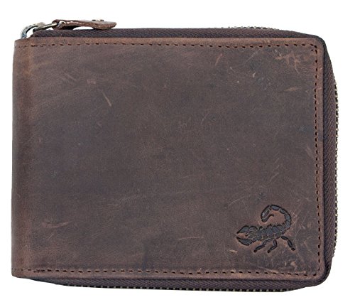 FLW Natural Strong Genuine Leather Wallet with Scorpion with Zip Around (metal zipper)