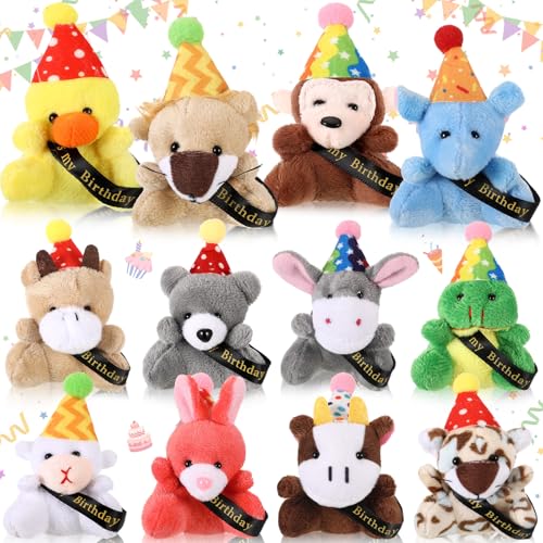 Blueweenly 12 Pcs Birthday Mini Plush Toys Small Stuffed Animals with Hat for Student Classroom Reward Gifts, Return Gifts for Birthday Party Goodies...