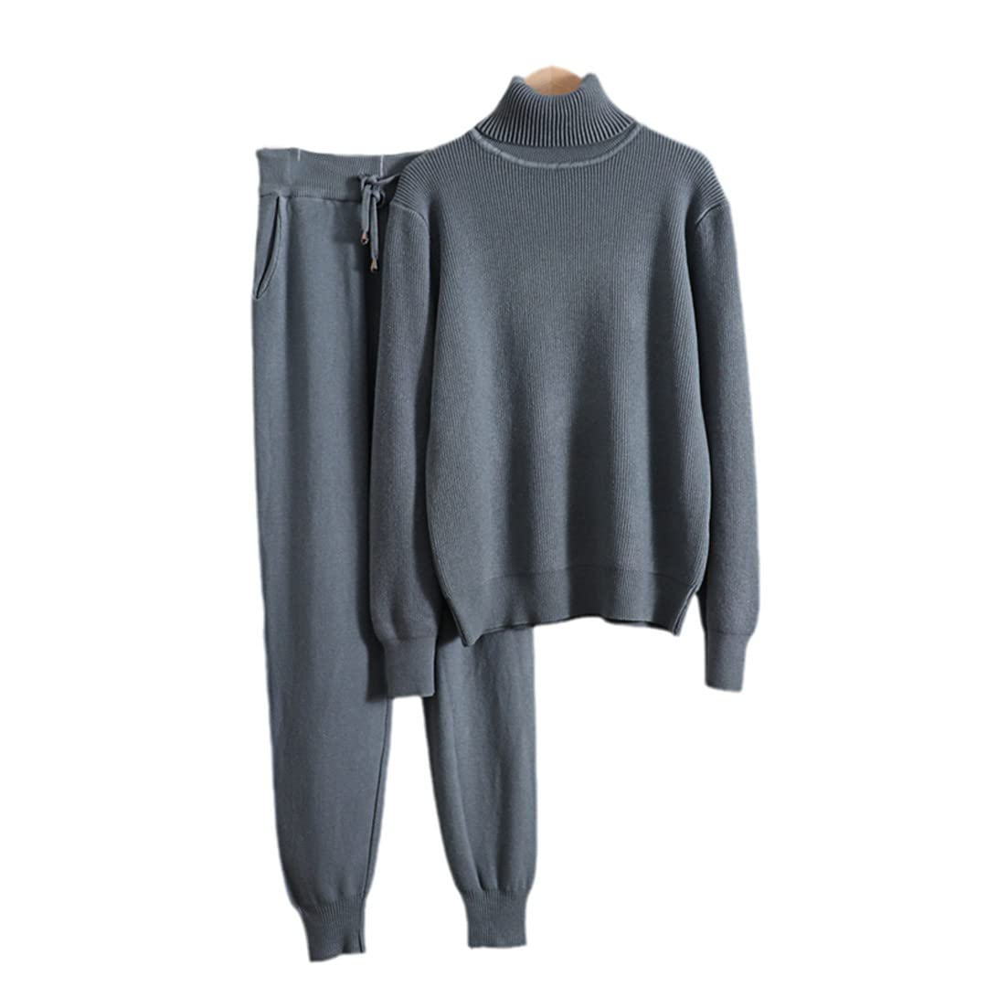 Set due pezzi da donna in maglia sportiva caldo dolcevita maglione da donna + coulisse harem pantaloni invernali da jogging, Grigio Blu Y829, Etichettalia unica