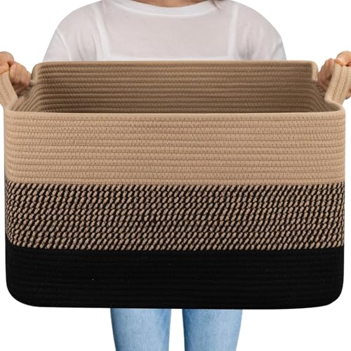 Image of OIAHOMY Large Blanket Basket, 65L Cotton Rope Woven Laundry Basket, Toy Bin for Baby Room, Container for Blanket Storage in Living Room, 20''x16''x12'', Brown & Black