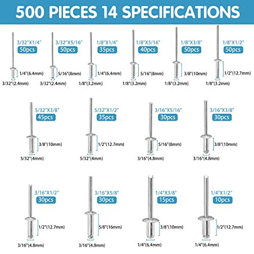 Satantech RIVET SILVER 001 500Pcs Pop Rivets Assortment Kit,14 Sae Sizes Aluminum Rivets thumb #3