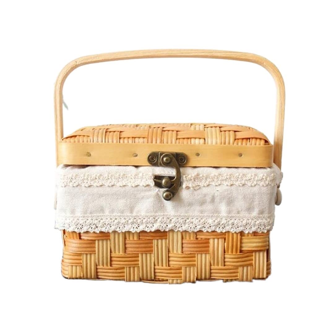 IWENZHKPA Picnic Basket Handmade Rattan Woven Flower Basket Vegetable Fruit Cosmetic Picnic Wicker Sundries Storage Outdoor