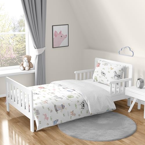 Image of Sweet Jojo Designs Farm Animals Boy Girl Toddler Kid Childrens Comforter Bedding Set - 5 Pieces Comforter, Sham and Sheets - Watercolor Farmhouse Lattice Horse Cow Sheep Pig
