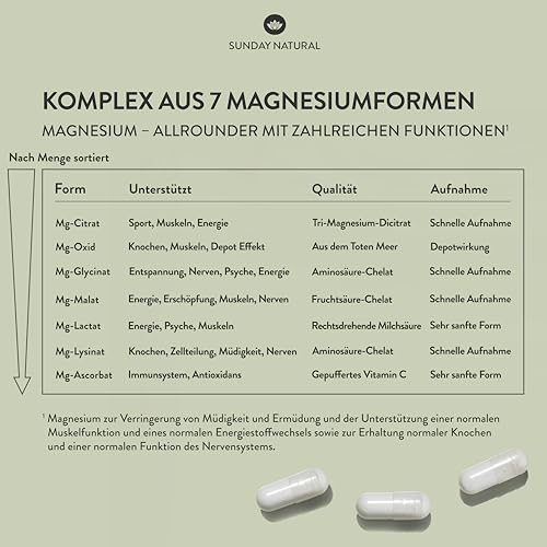 SUNDAY NATURAL® Magnesium Komplex – 240 Kapseln - 400mg pro Tag - aus 7 Verbindungen: Magnesium Bisglycinat, Citrat, Malat, Laktat, Ascorbat, Oxid, Lysinat - Vegan, laborgeprüft