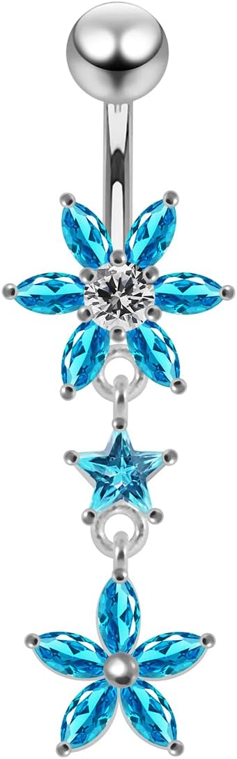 Stylish Flower with Star Dangling Design 925 Sterling Silver with Stainless Steel Belly Ring - Belly Button jewelry - Navel jewelry
