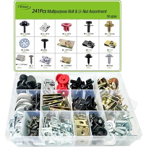 241Pcs Body Multipurpose Bolt & U-Nut Kit Assortment -16 Popular Sizes Car Fasteners U Clips Bumper Screw for GM Ford Chrysler Toyota