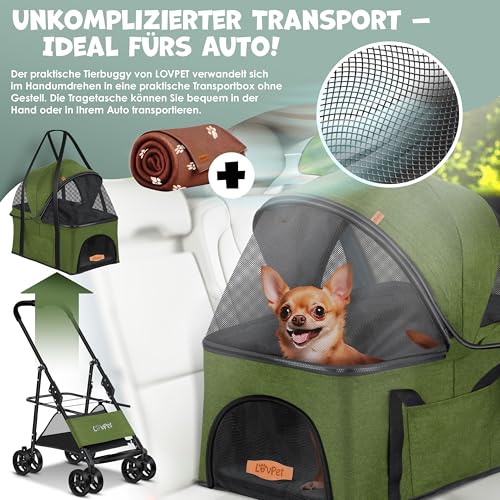 LOVPET® Hundewagen 2in1 Hundebuggy Hundebox Tragetasche Faltbar klappbar bis 20kg, mit 360°Drehrädern Inkl. Netzfenstern Getränkehalter, Regenschutzabdeckung & Kuscheldecke, Jogger Buggy für Haustiere