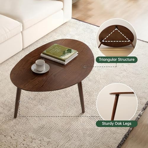 Image of Small Oval Coffee Table, 25.6'' Small Mid Century Modern End Table for Living Room, 100% Solid Sheehsam Wood Side Table,