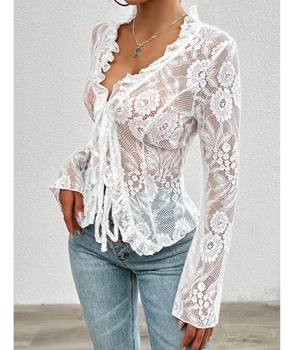 Image of xxxiticat Women's Long Sleeve Lace Top V Neck Ruffle Trim Hollow Out Front Open See Through Floral Tie Up Cardigan Shirt
