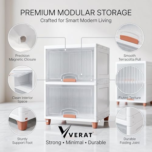 Image of VERAT 2 Tier Cupboard for Storage /Stackable Plastic Storage Cabinet /Foldable Wardrobe for Clothes /Multipurpose Storage Organizer /Closet for Bedroom /Living Room /Kitchen (Transparent & White)
