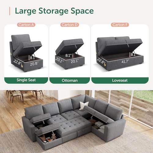 Image of HONBAY Modular Sectional Sleeper Sofa with Pull Out Bed, Convertible L Shaped Couch with Storage Seat, Sectional Couches for Living Room,Grey